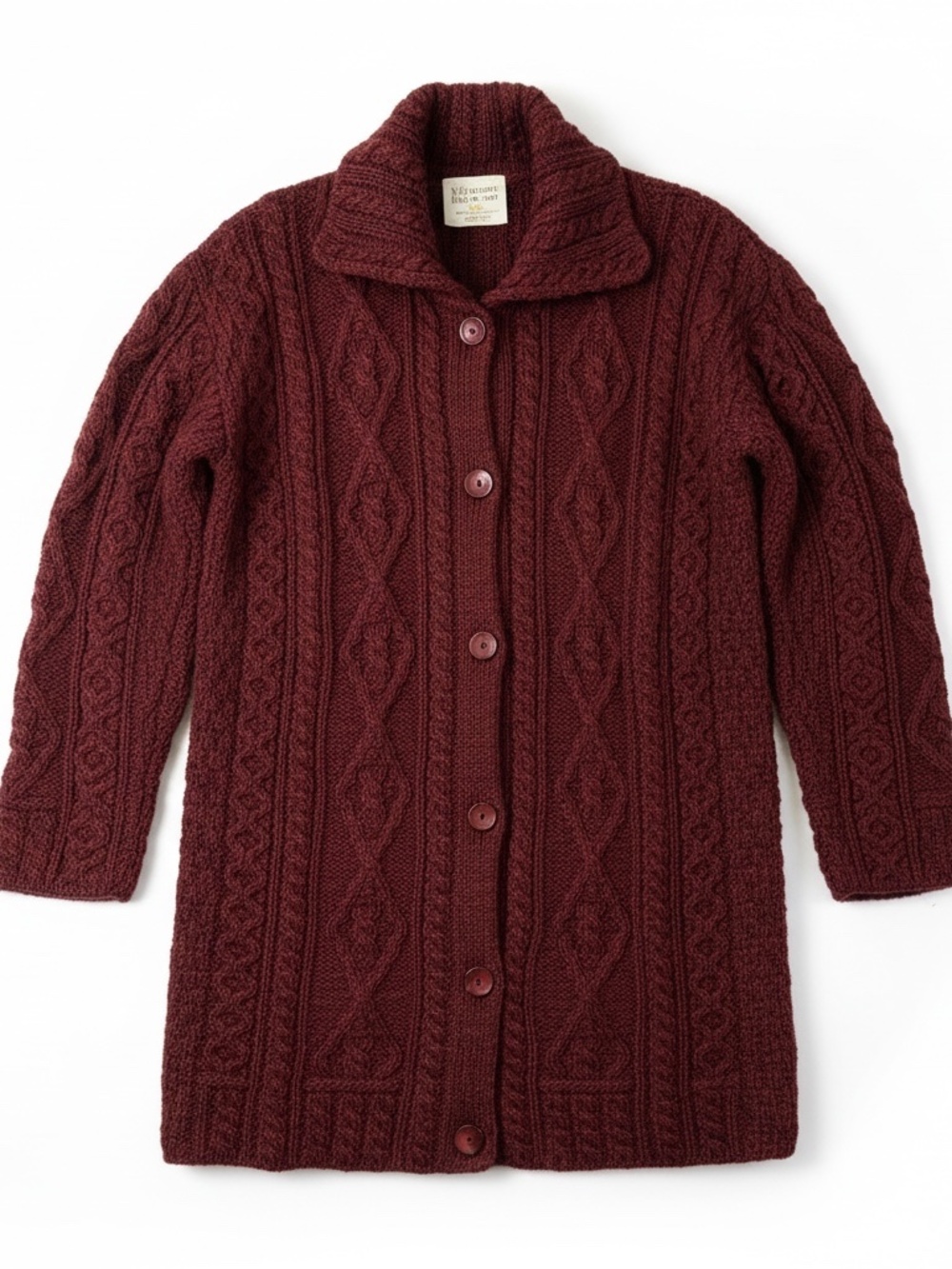 Vintage Irish Fisherman Sweater Burgundy Merino Wool Cable Cardigan, Small
